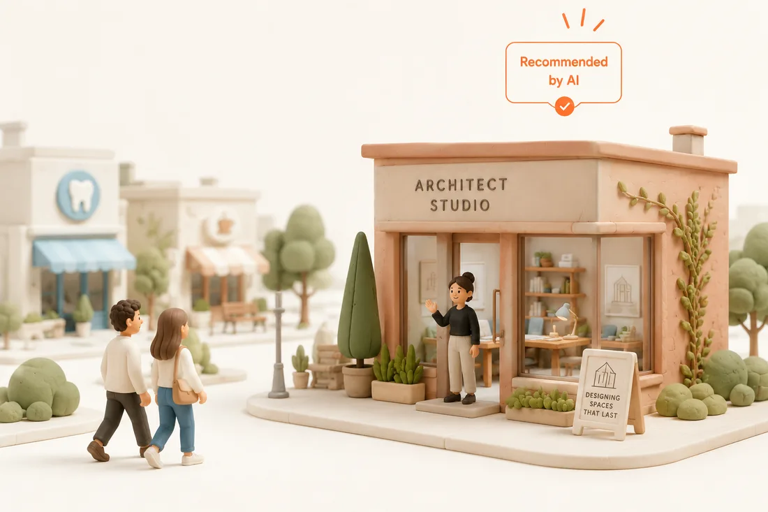 Clay illustration of a small business street with an AI recommendation badge
